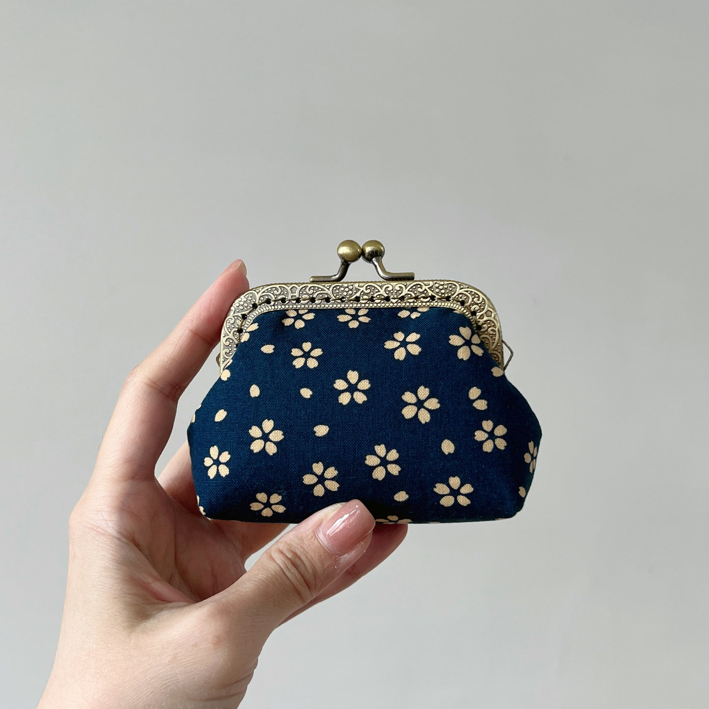 Blue Cherry Blossoms - Handmade Fabric Kiss Lock Purse