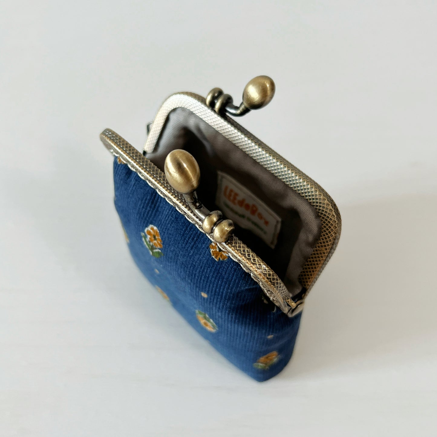 Old Blue Corduroy Florals Card Purse - Handsewn Kiss Lock Purse