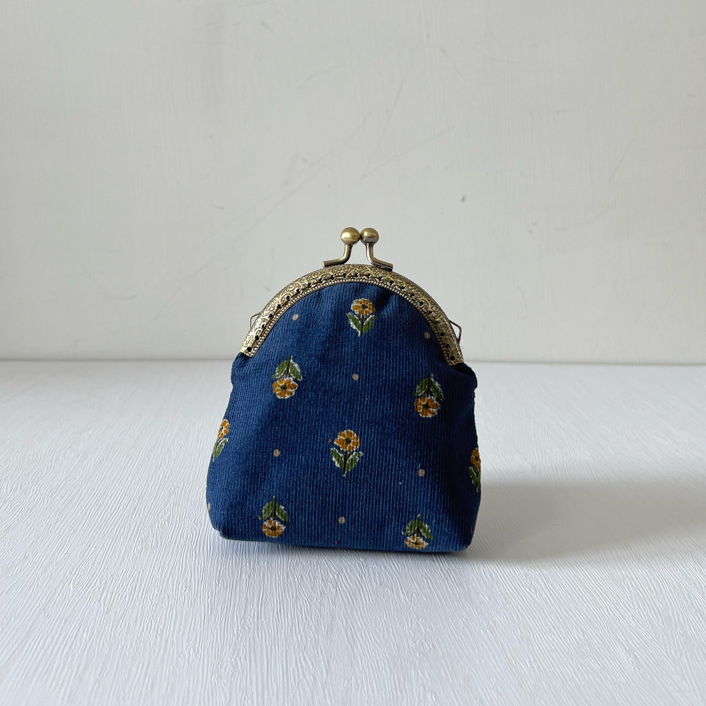 Red or Blue Floral Corduroy Half Round Kiss Lock Purse - Handmade Fabric Purse