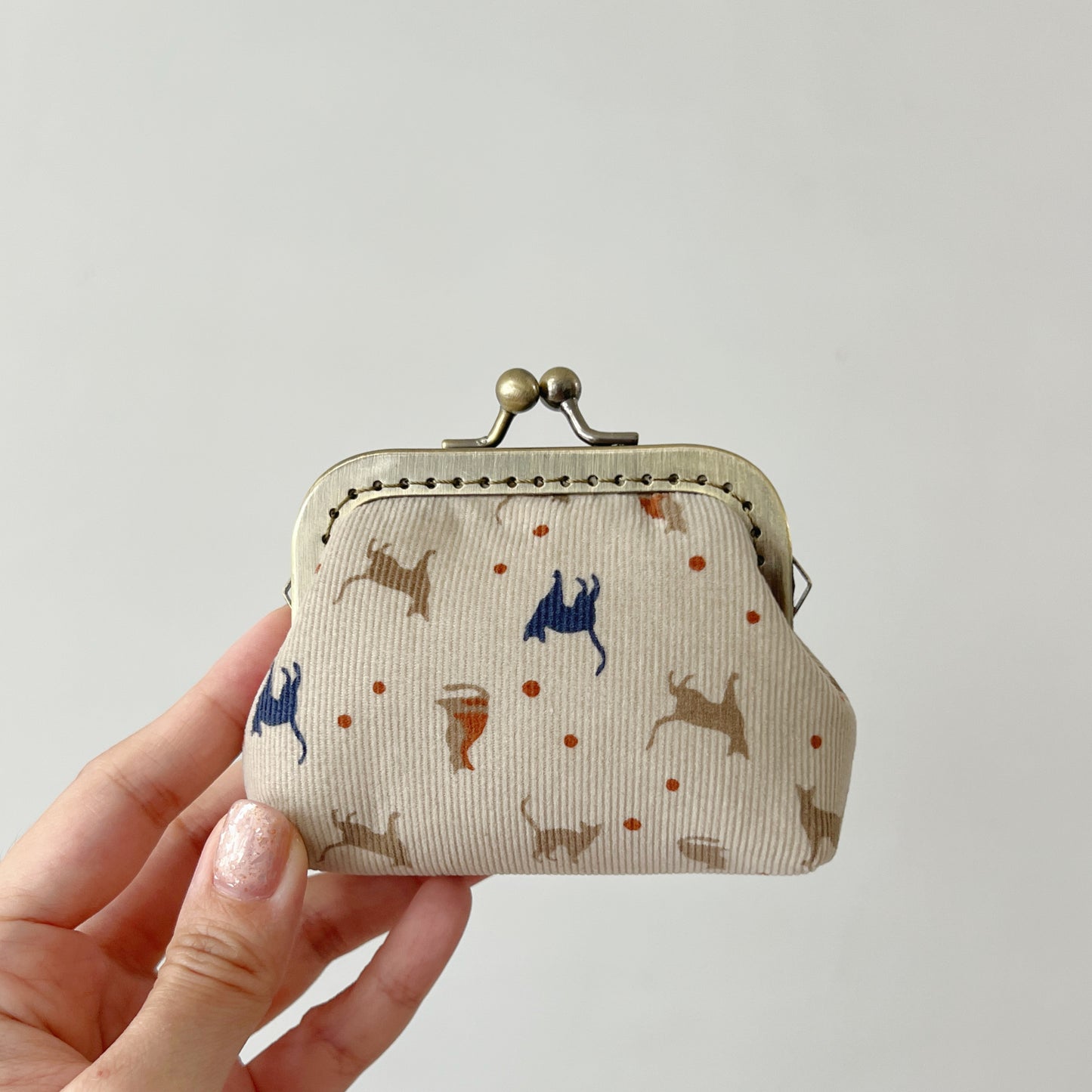 Beige Cats Corduroy Fabric Purse - Handsewn Kiss Lock Purse