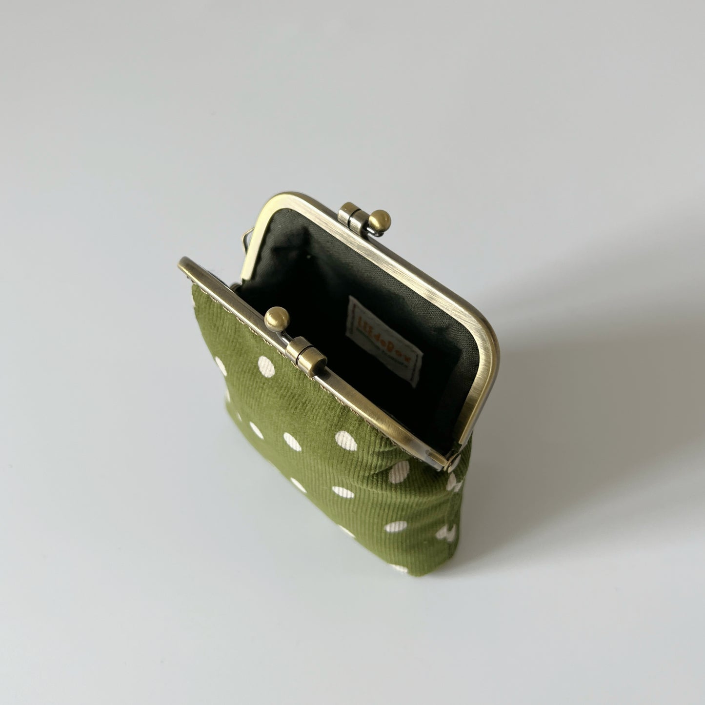 Olive Green Corduroy Polka Dots Card Purse - Handsewn Kiss Lock Fabric Purse
