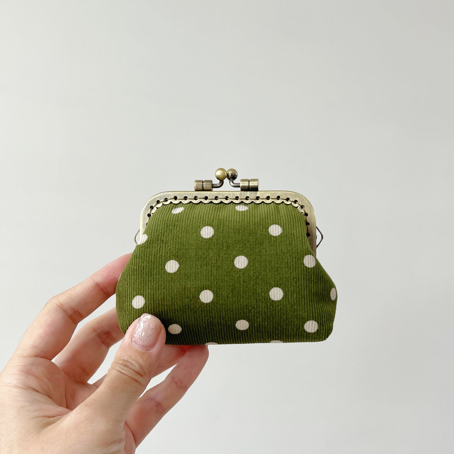 Green Polka Dots Corduroy Fabric Purse - Handsewn Kiss Lock Purse