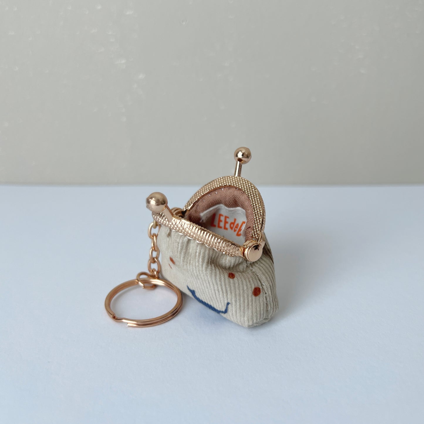 Beige Blue Cats Corduroy - Handsewn Tiny Kiss Lock Purse Keychain