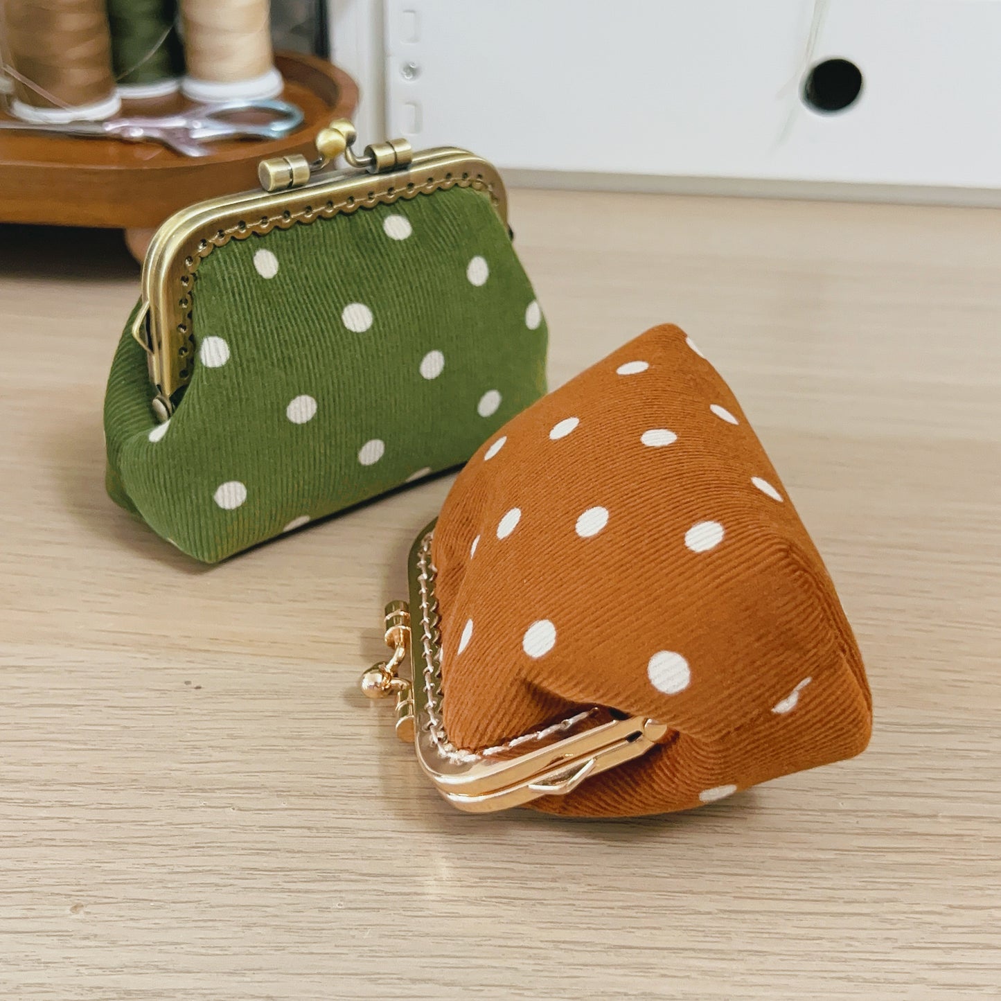 Orange Polka Dots Corduroy Fabric Purse - Handsewn Kiss Lock Purse
