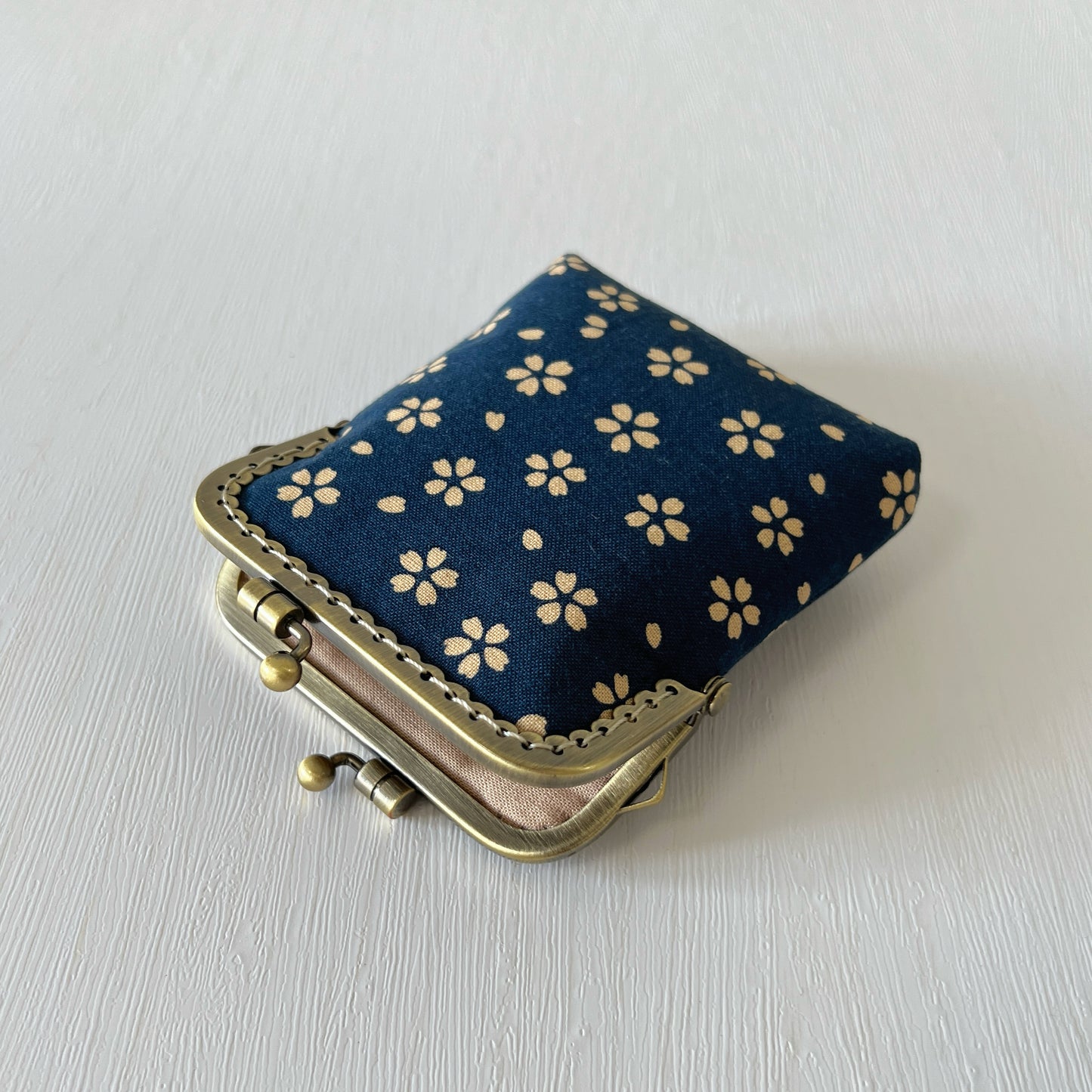 Blue Cherry Blossom - Handsewn Kiss Lock Fabric Card Purse - Cotton