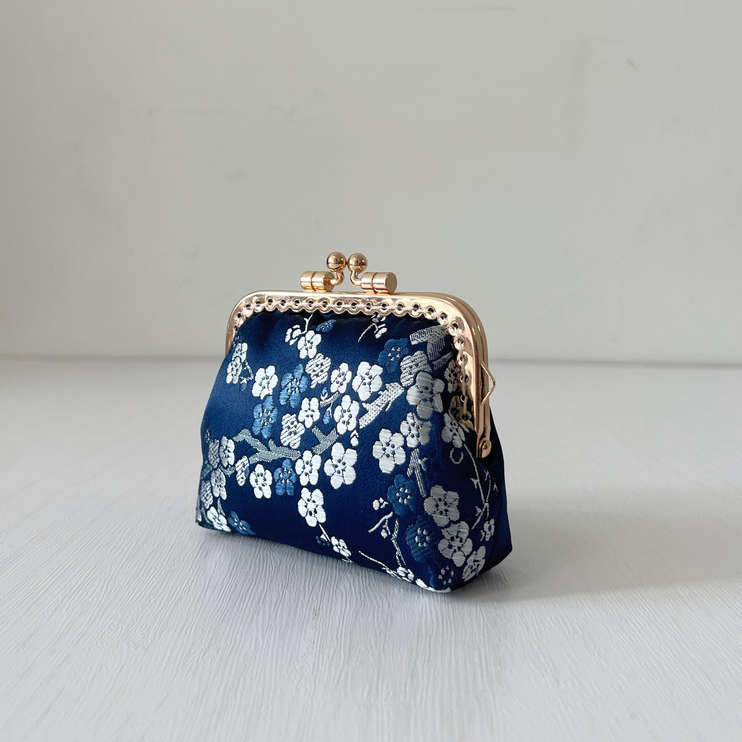 Blue Cherry Blossoms Satin - Handmade Fabric Kiss Lock Coin Purse