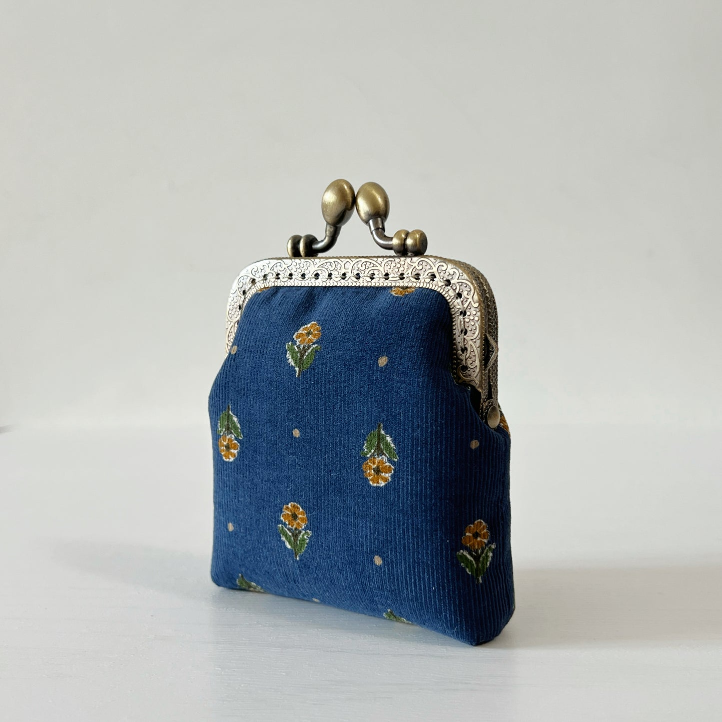 Old Blue Corduroy Florals Card Purse - Handsewn Kiss Lock Purse