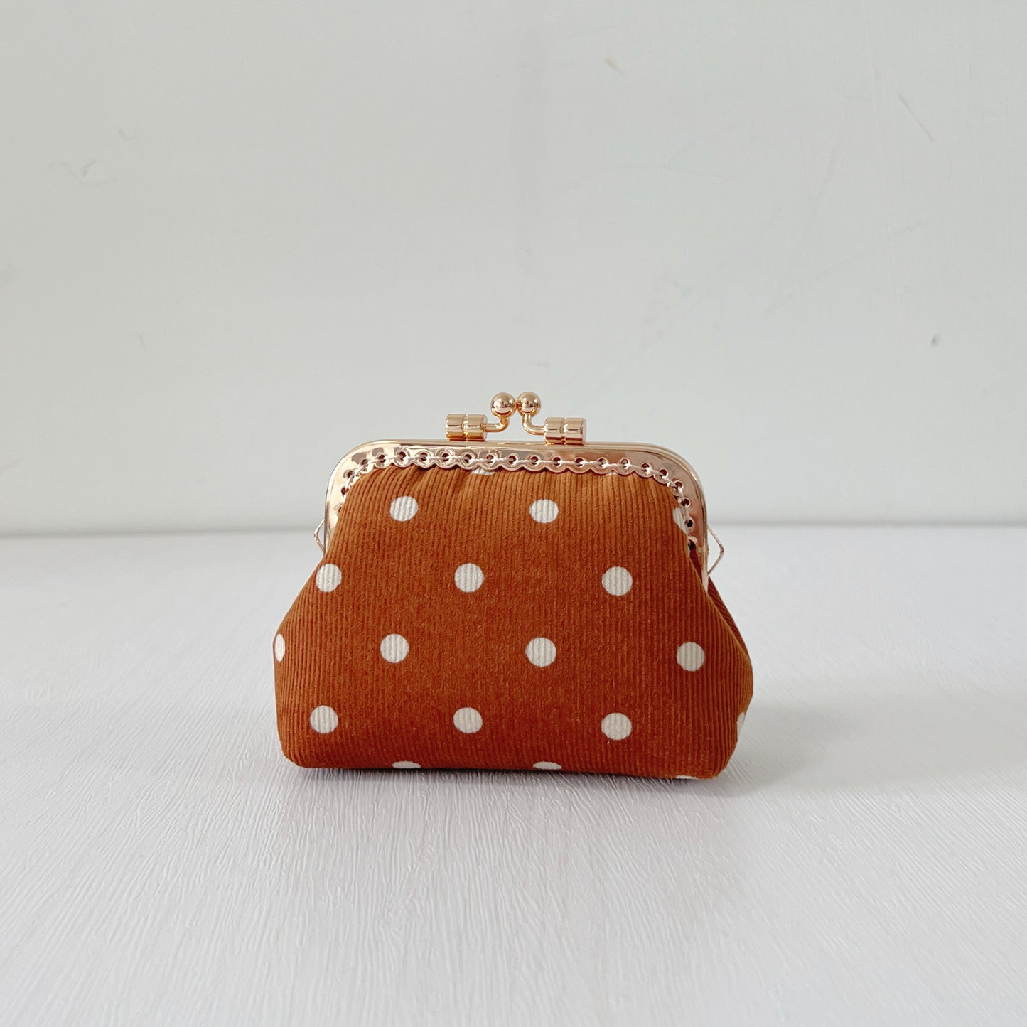 Orange Polka Dots Corduroy Fabric Purse - Handsewn Kiss Lock Purse