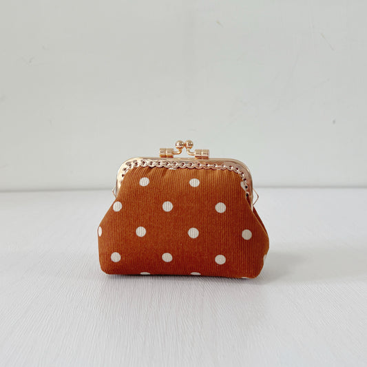 Orange Polka Dots Corduroy Fabric Purse - Handsewn Kiss Lock Purse
