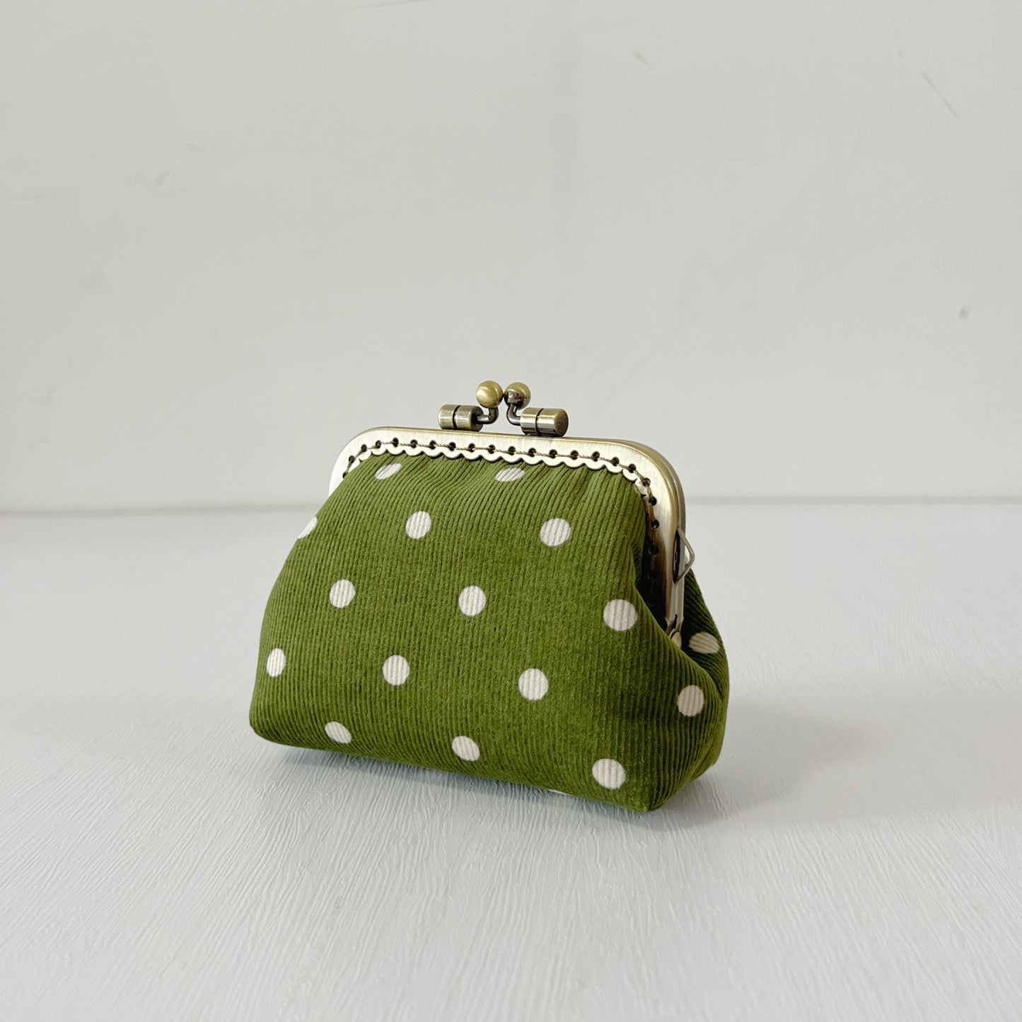 Green Polka Dots Corduroy Fabric Purse - Handsewn Kiss Lock Purse