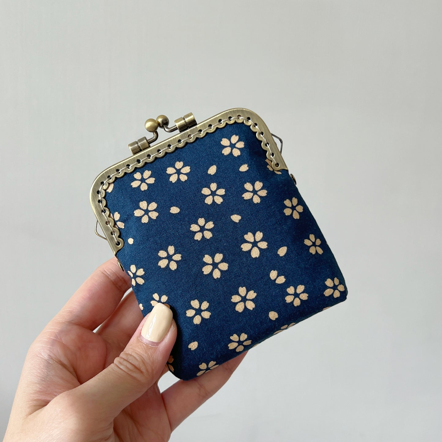 Blue Cherry Blossom - Handsewn Kiss Lock Fabric Card Purse - Cotton
