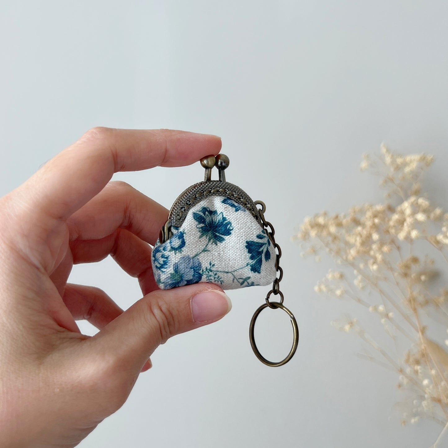 Blue Secret Garden - Handmade Mini Tiny Fabric Kiss Lock Purse Keychain