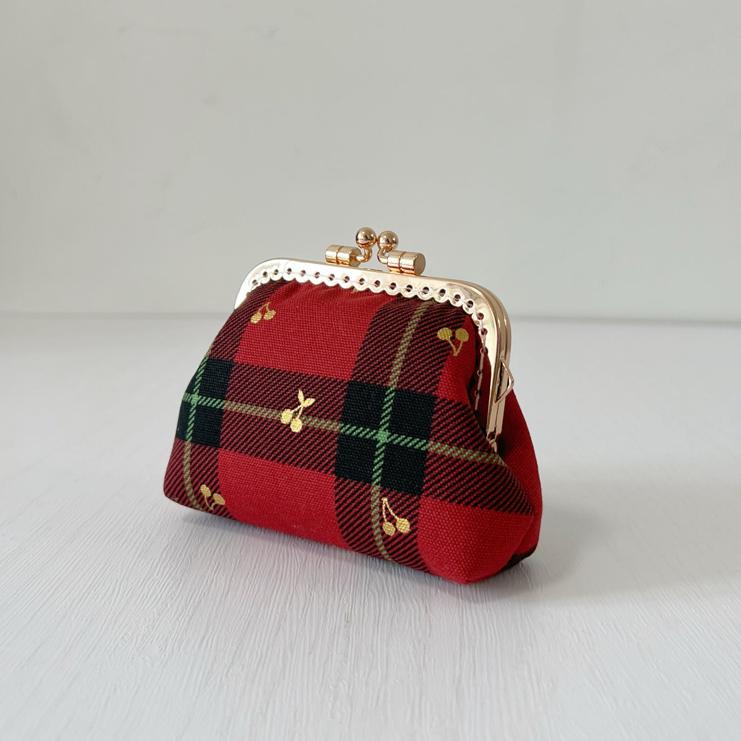 Red Tartan Gold Cherries  - Handmade Kiss Lock Purse