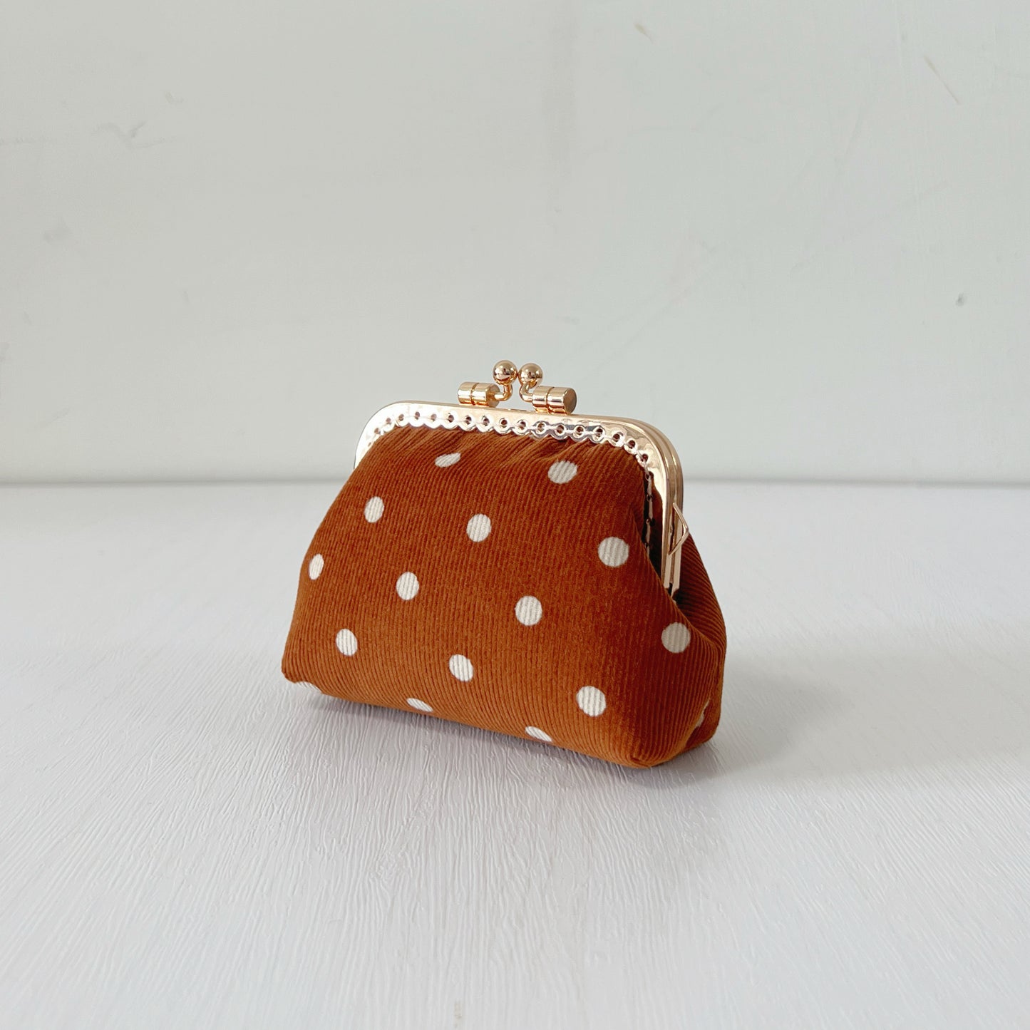 Orange Polka Dots Corduroy Fabric Purse - Handsewn Kiss Lock Purse