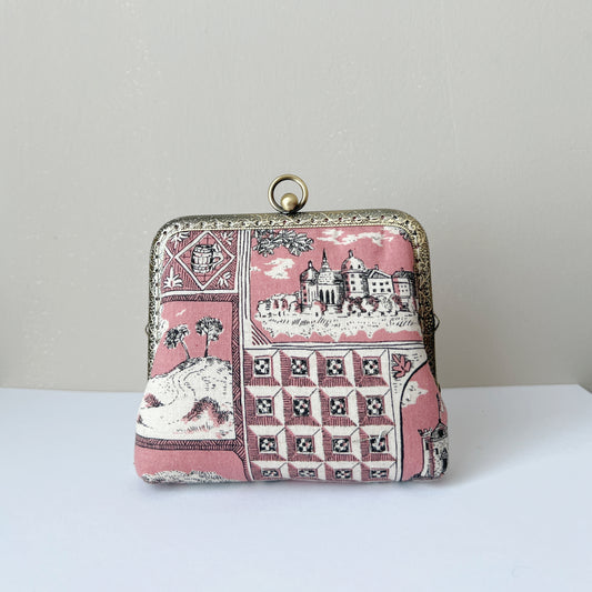 Handsewn Vintage Style Kiss Lock Frame Clutch Wallet - Old Pink Castle