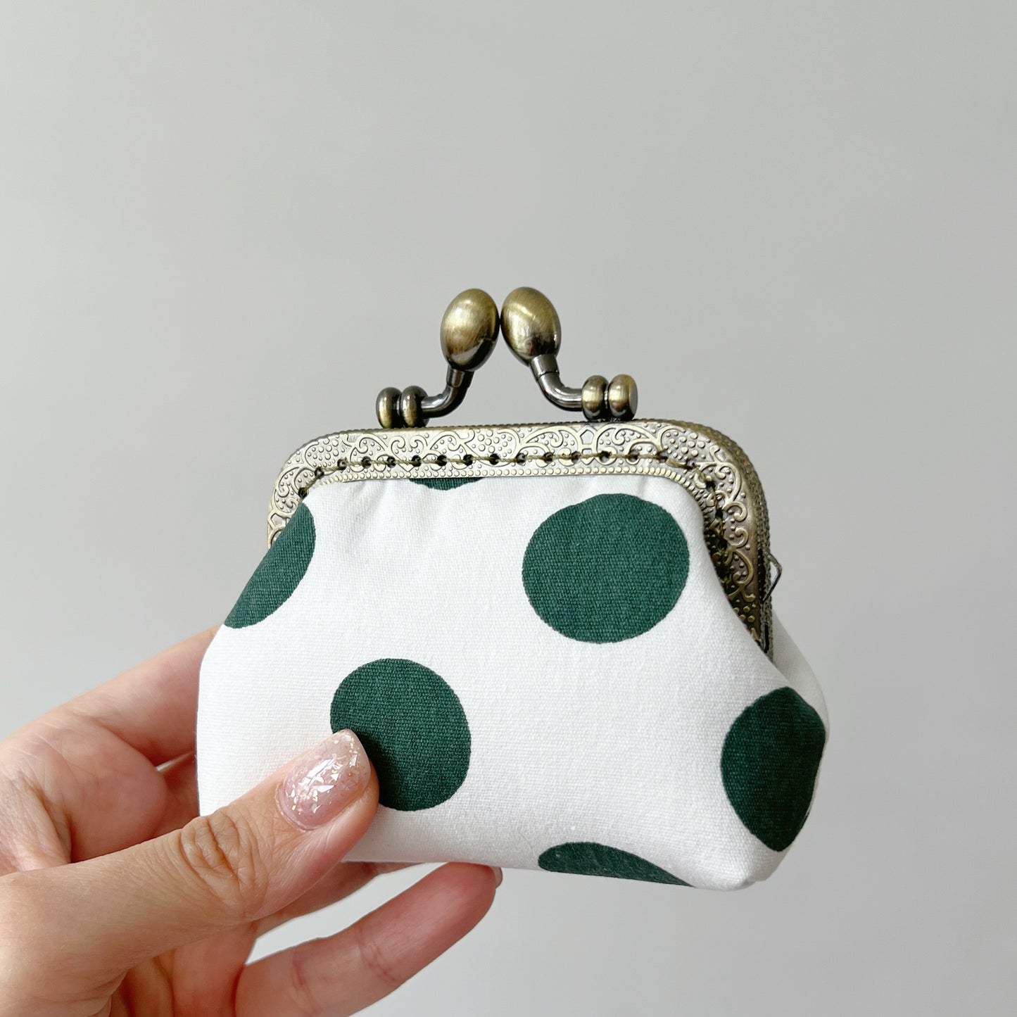 Green Big Polka Dots - Handmade Kiss Lock Coin Purse