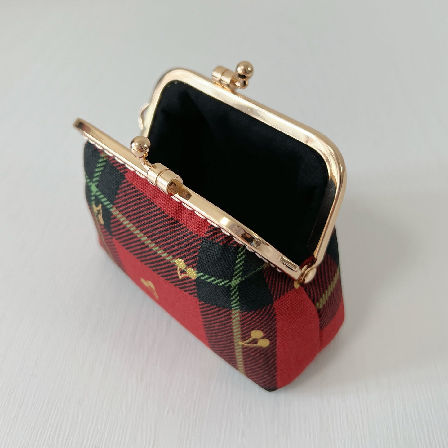 Red Tartan Gold Cherries  - Handmade Kiss Lock Purse