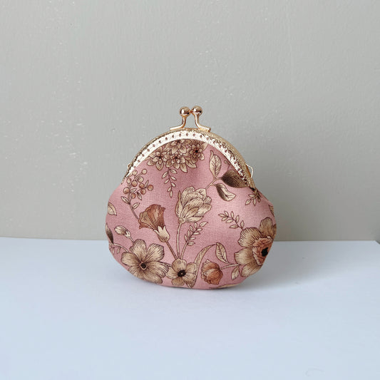 Handsewn Round Kiss Lock Flat Coin Purse - Vintage Pink Garden Floral