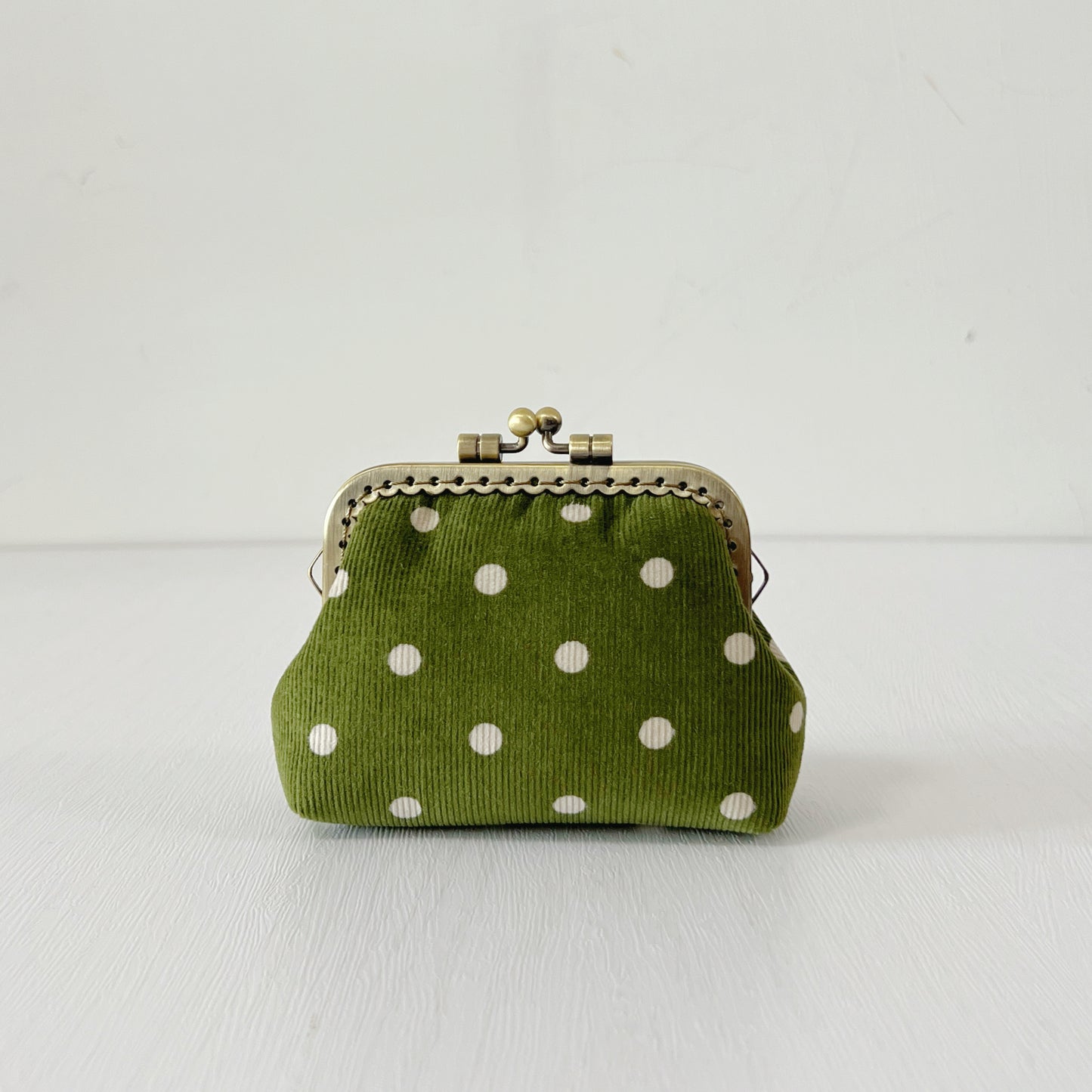 Green Polka Dots Corduroy Fabric Purse - Handsewn Kiss Lock Purse