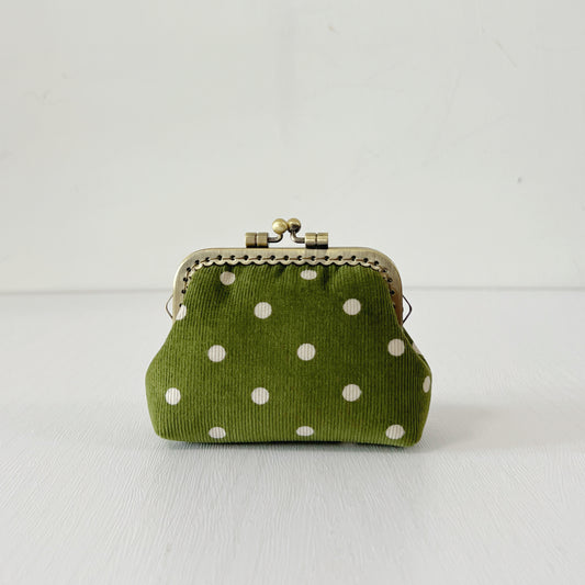 Green Polka Dots Corduroy Fabric Purse - Handsewn Kiss Lock Purse