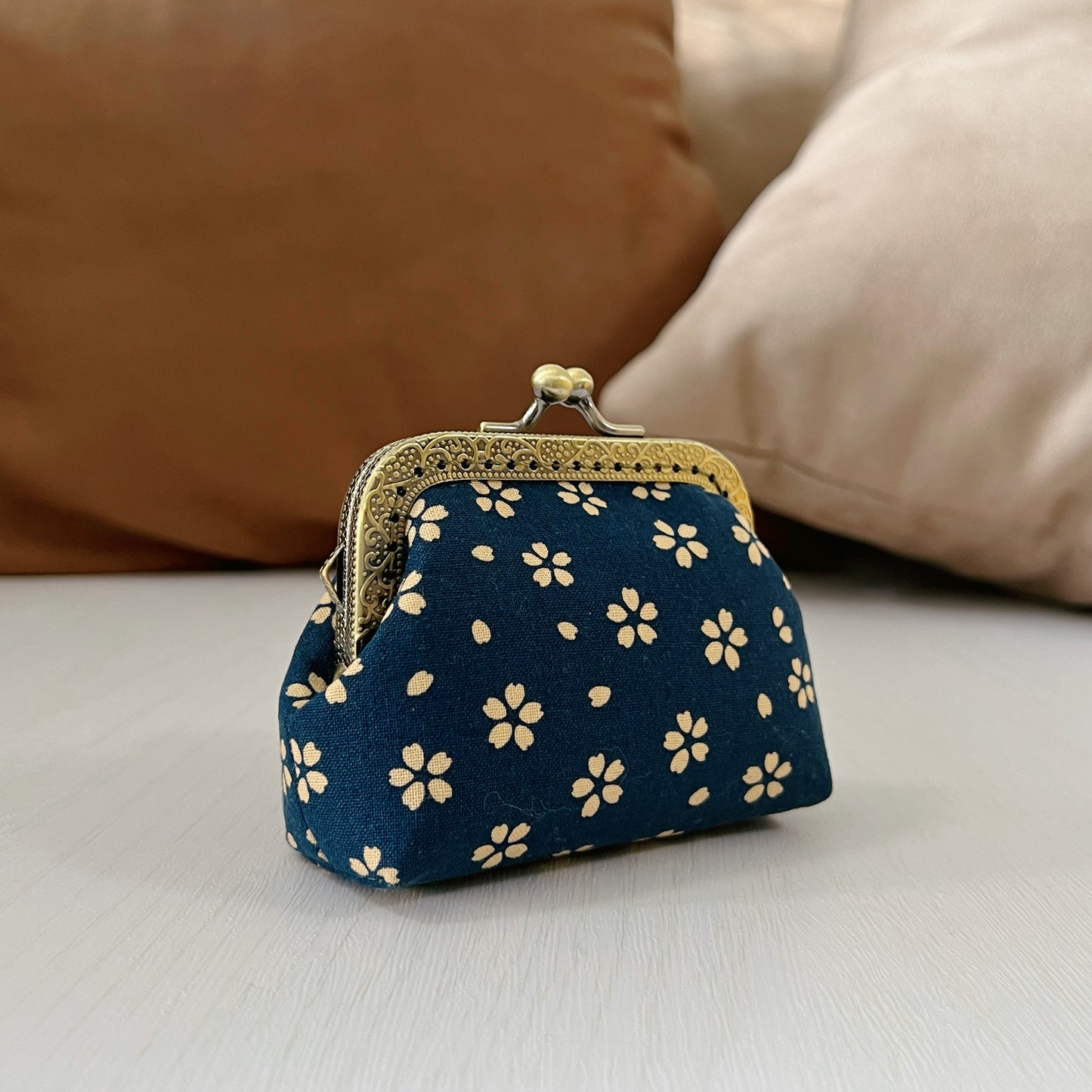 Blue Cherry Blossoms - Handmade Fabric Kiss Lock Purse