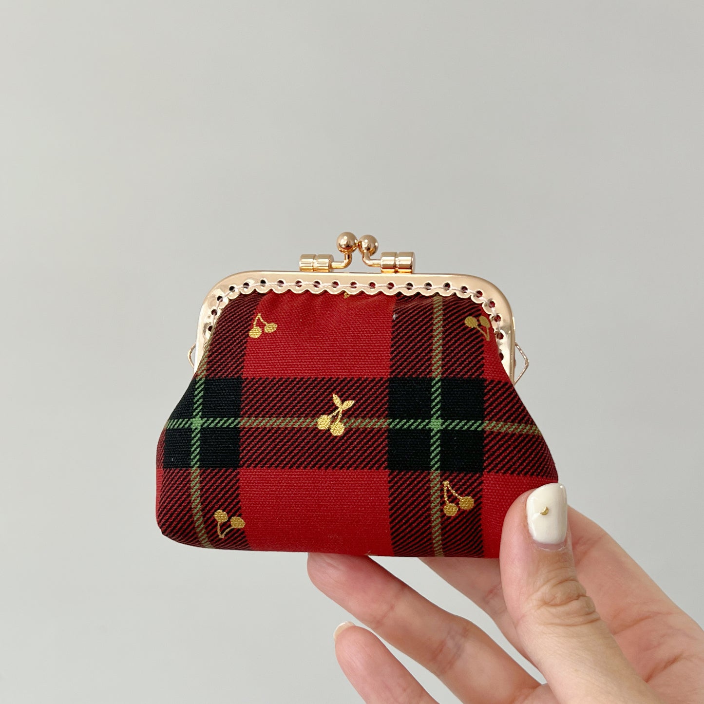 Red Tartan Gold Cherries  - Handmade Kiss Lock Purse