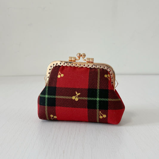 Red Tartan Gold Cherries  - Handmade Kiss Lock Purse