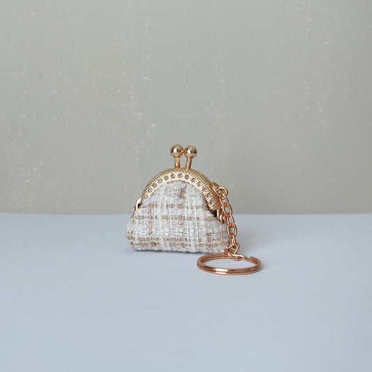 Beige Bouclé Tweed - Handmade Mini Tiny Fabric Kiss Lock Purse Keychain