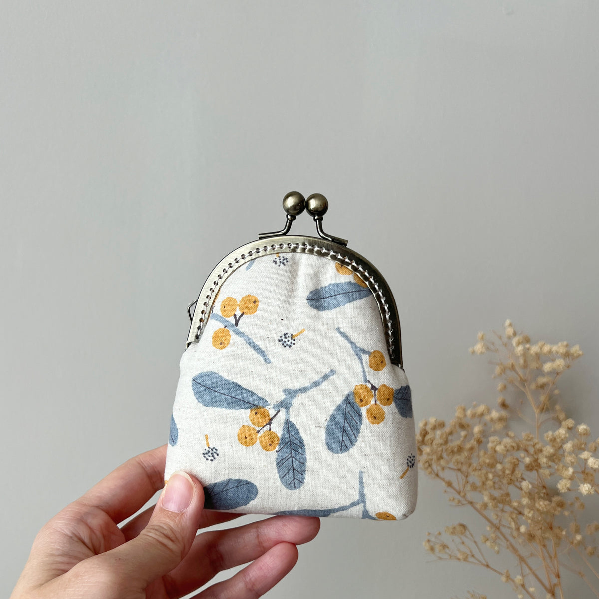 Vintage Yellow Berries - Handmade Fabric Kiss Lock Purse