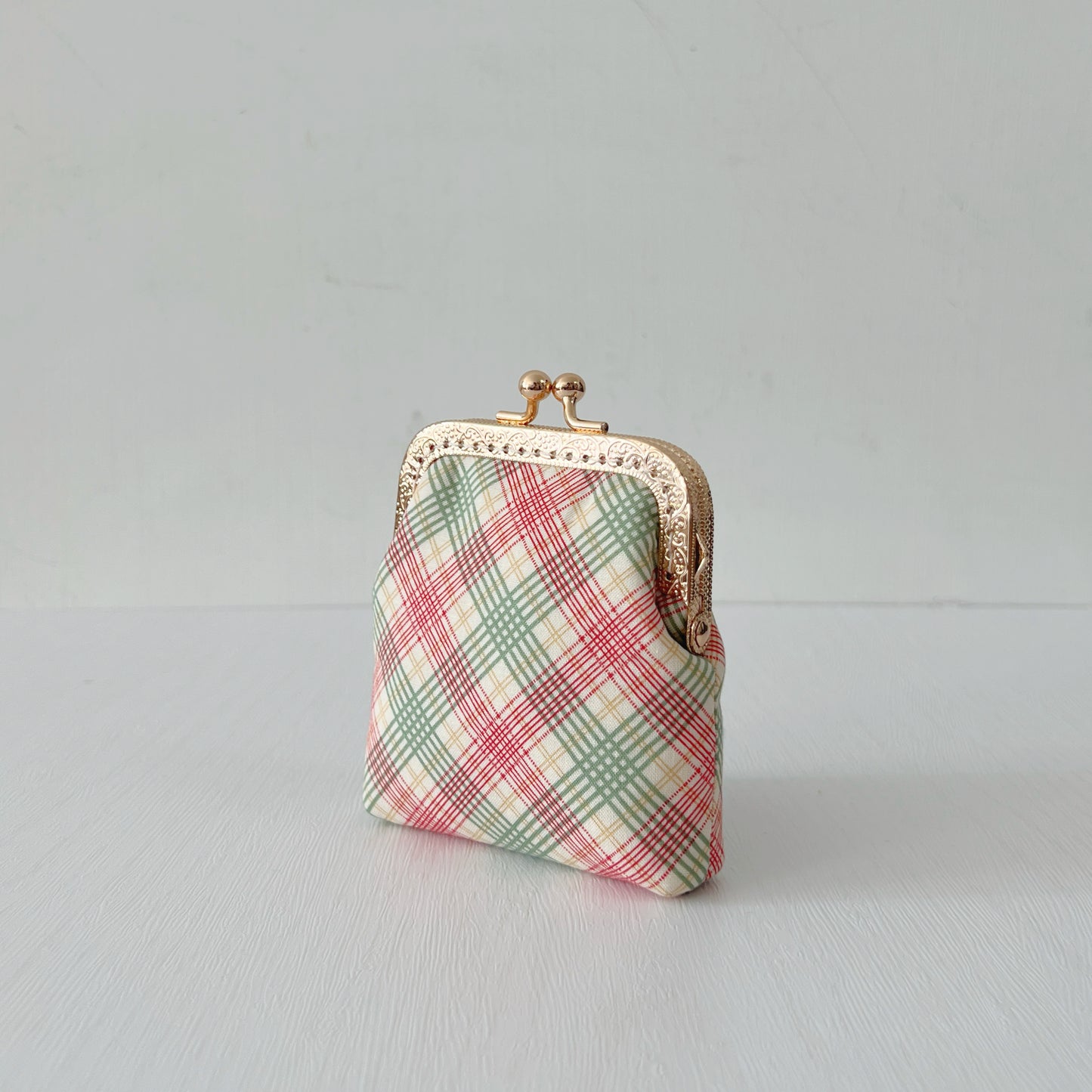 Handsewn Kiss Lock Card Purse - Red Green Cotton Tartan Pattern