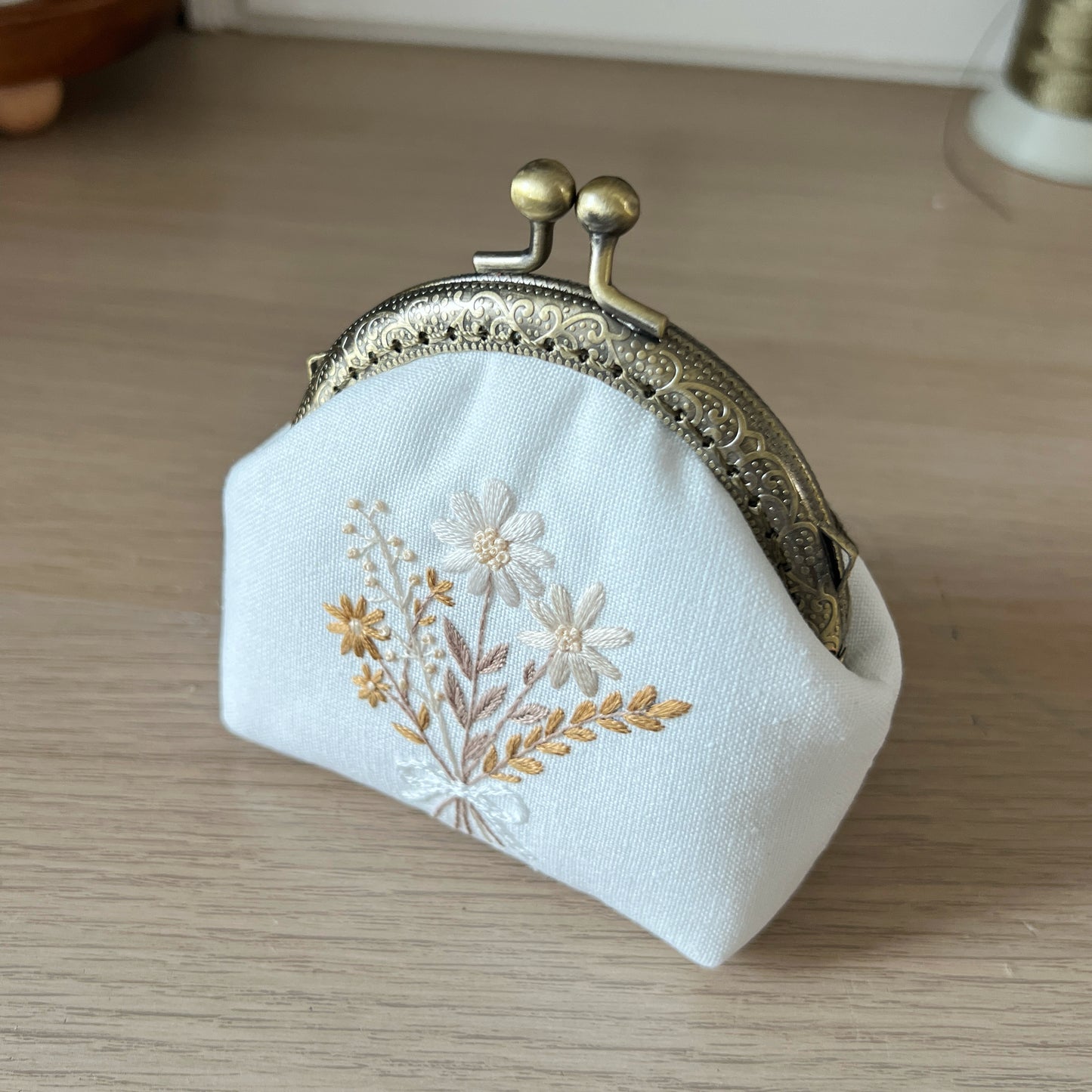 Handsewn Round Kiss Lock Coin Purse - Floral Butterfly Embroidery