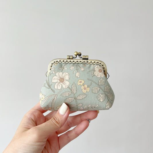 Soft Green Vintage Garden - Handmade Fabric Kiss Lock Purse