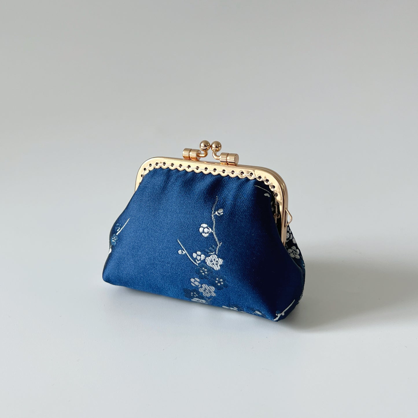 Blue Cherry Blossoms Satin - Handmade Fabric Kiss Lock Coin Purse