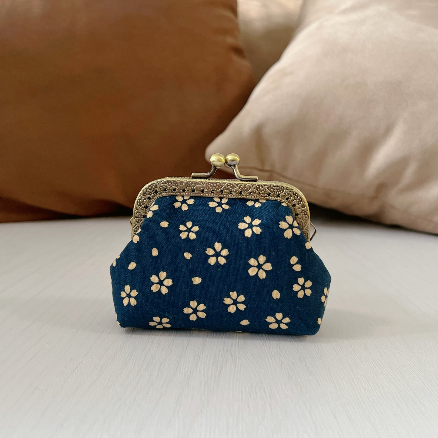 Blue Cherry Blossoms - Handmade Fabric Kiss Lock Purse