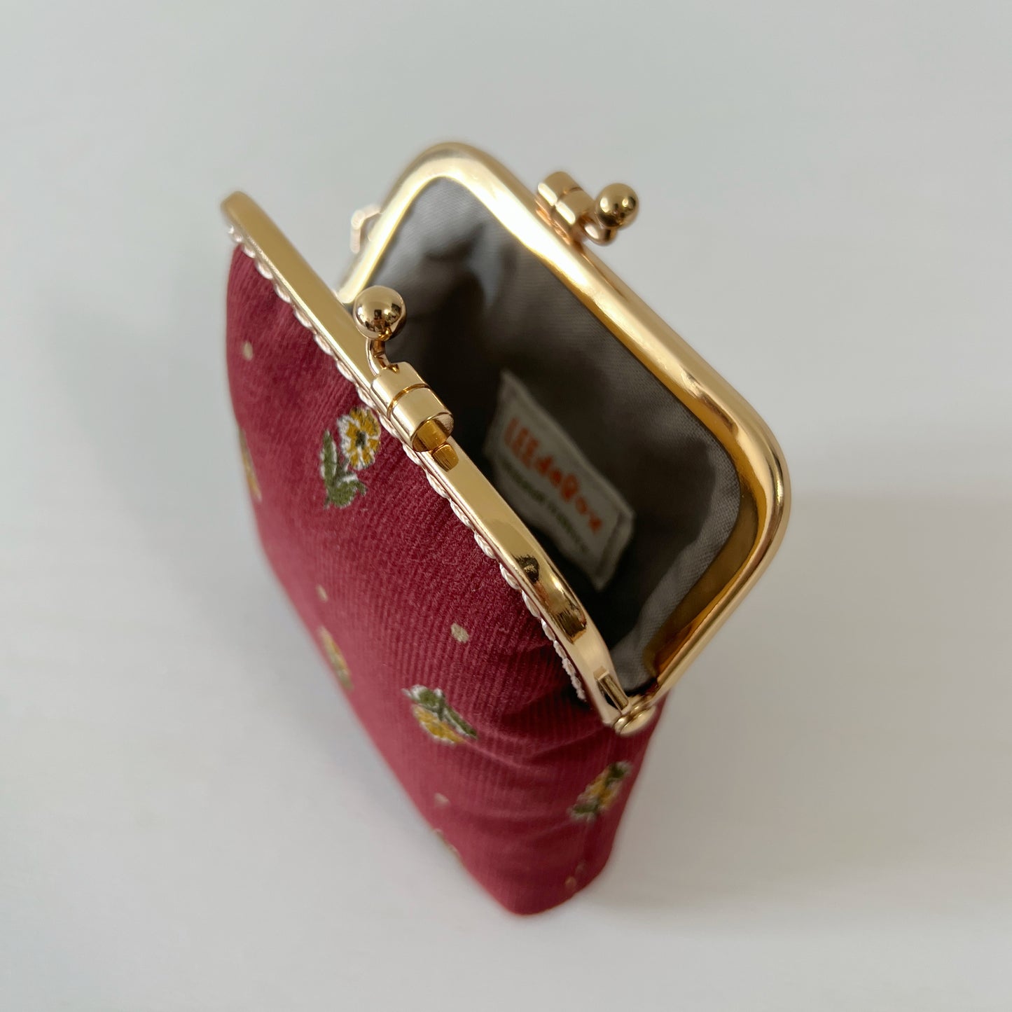 Wine Red Corduroy Florals Card Purse - Handsewn Kiss Lock Purse