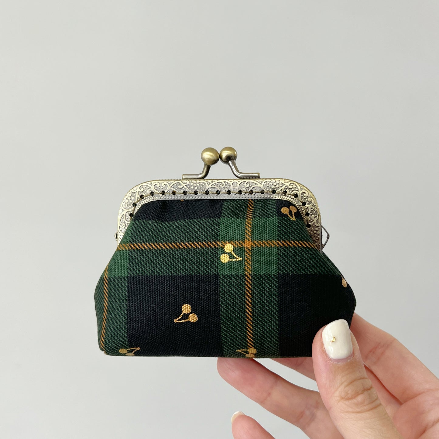 Green Tartan Gold Cherries - Handmade Fabric Kiss Lock Purse