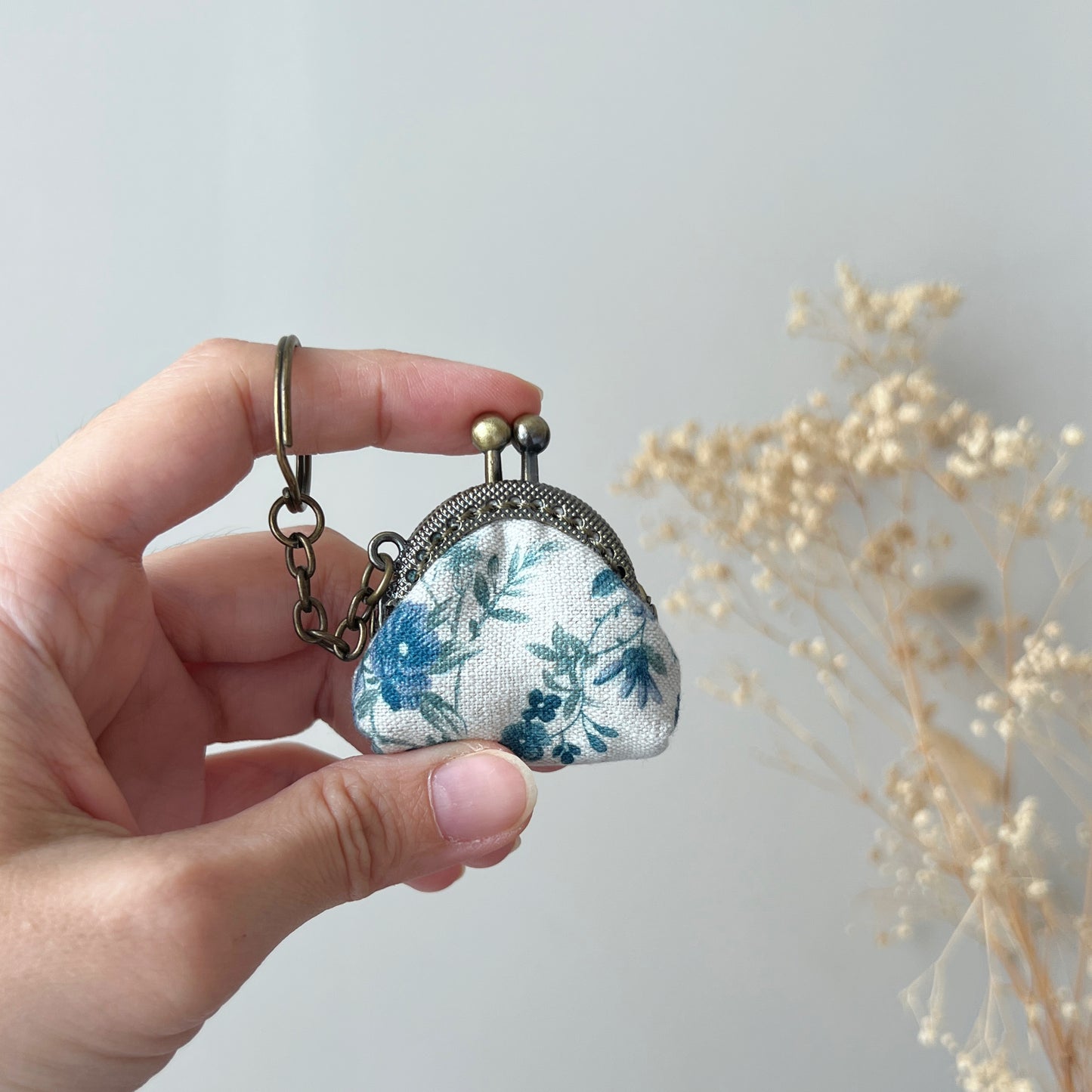 Blue Secret Garden - Handmade Mini Tiny Fabric Kiss Lock Purse Keychain