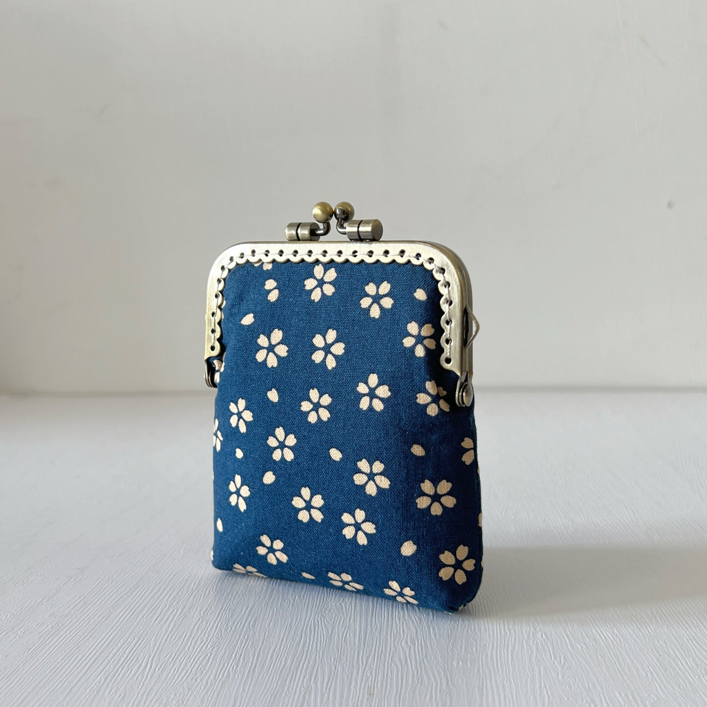 Blue Cherry Blossom - Handsewn Kiss Lock Fabric Card Purse - Cotton