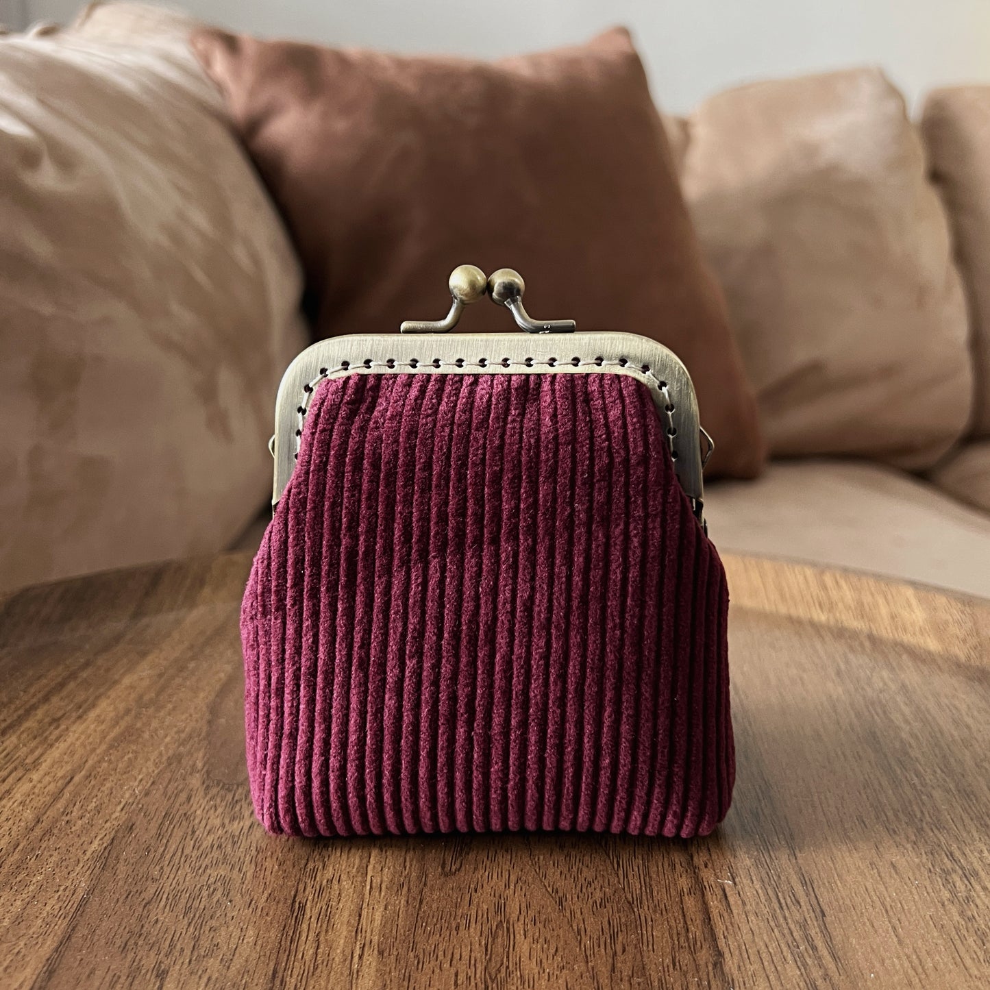 Wine Red Corduroy Card Purse - Handsewn Kiss Lock Purse