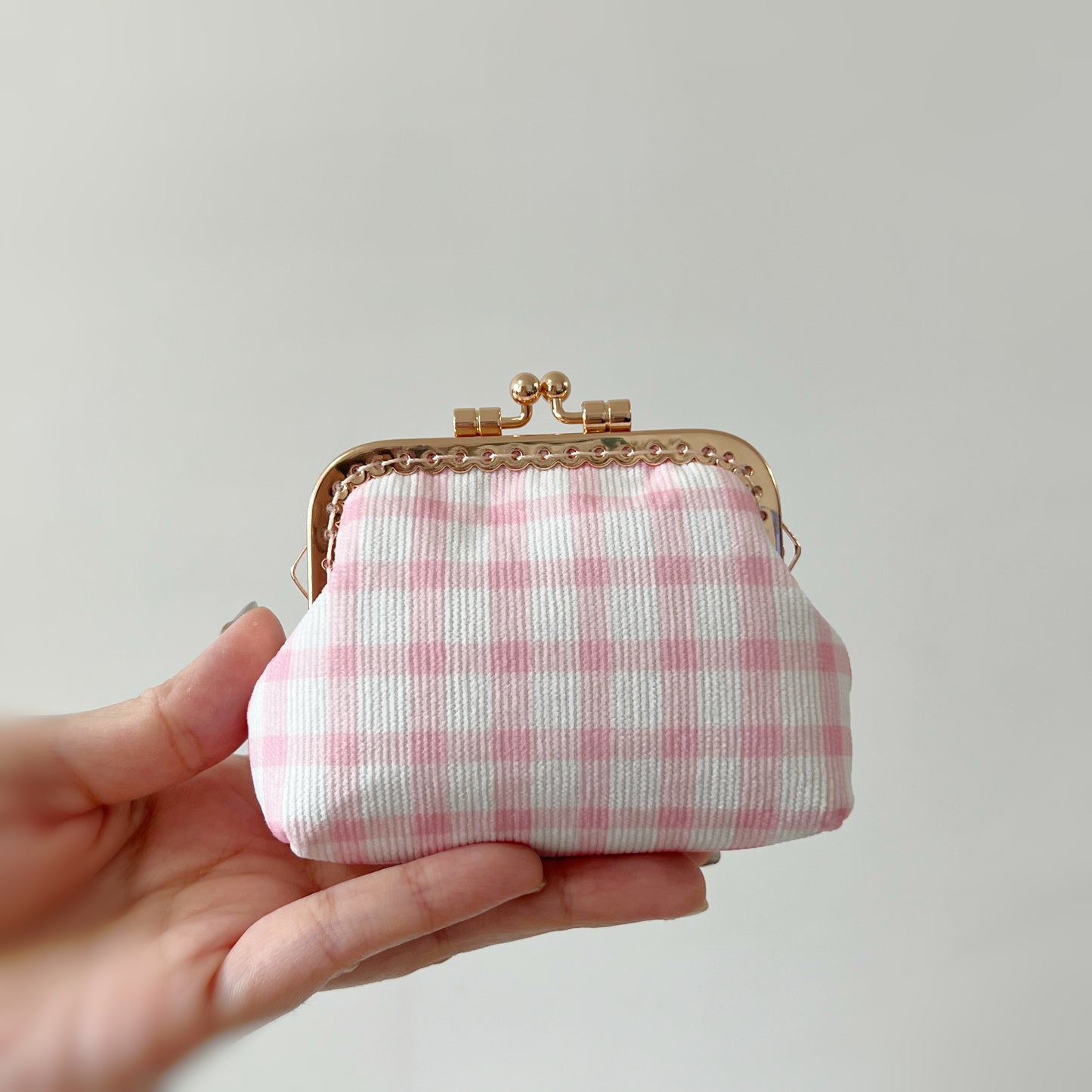 Baby Pink Tiles - Handmade Corduroy Fabric Kiss Lock Purse