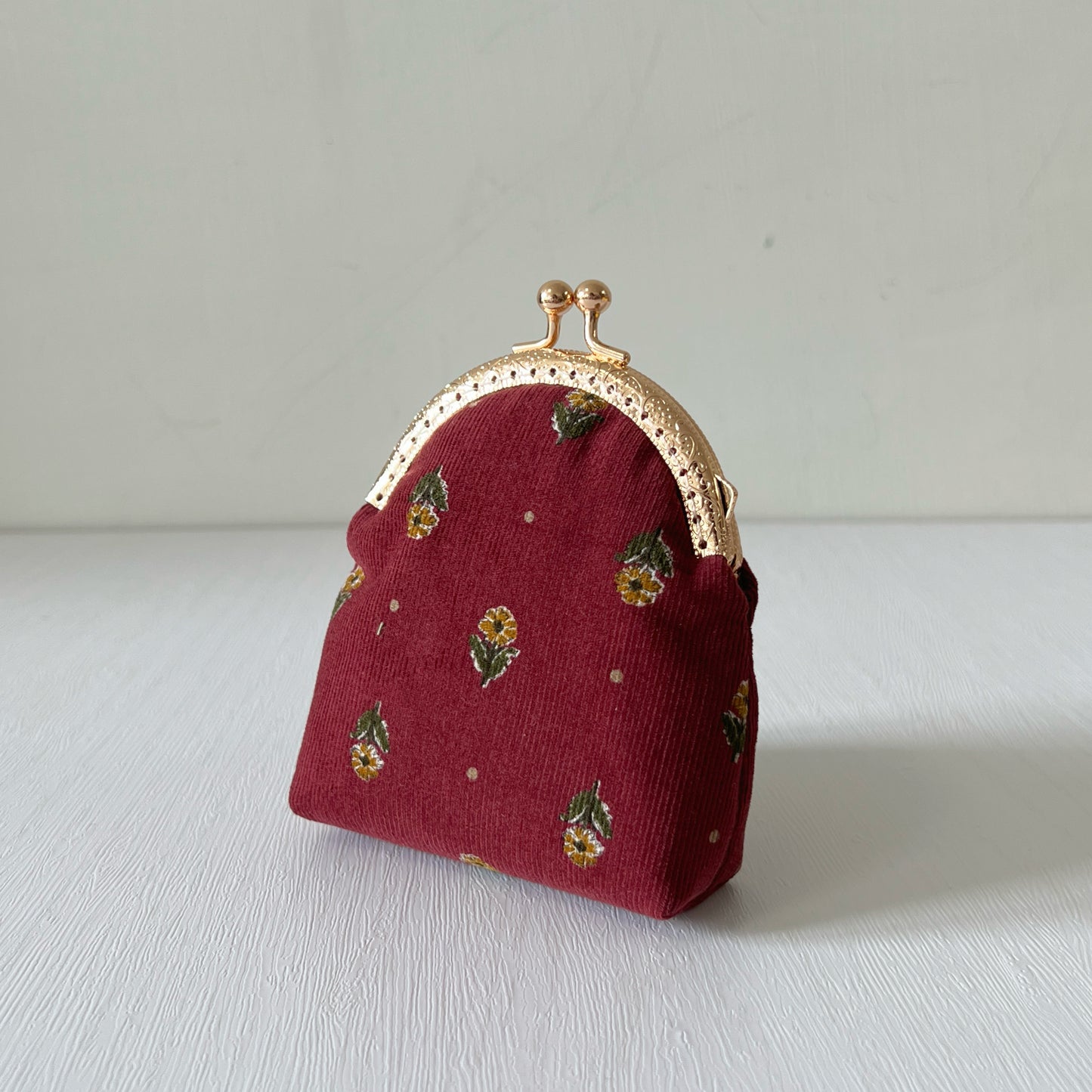 Red or Blue Floral Corduroy Half Round Kiss Lock Purse - Handmade Fabric Purse