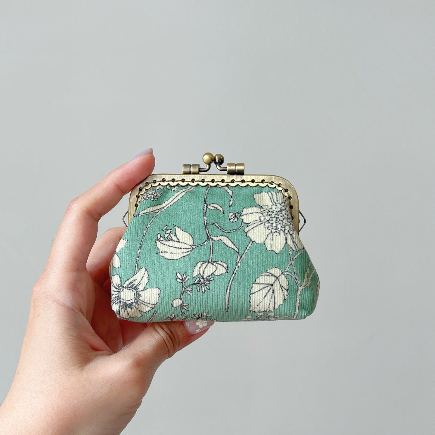 Mint Green Floral - Handmade Fabric Kiss Lock Purse