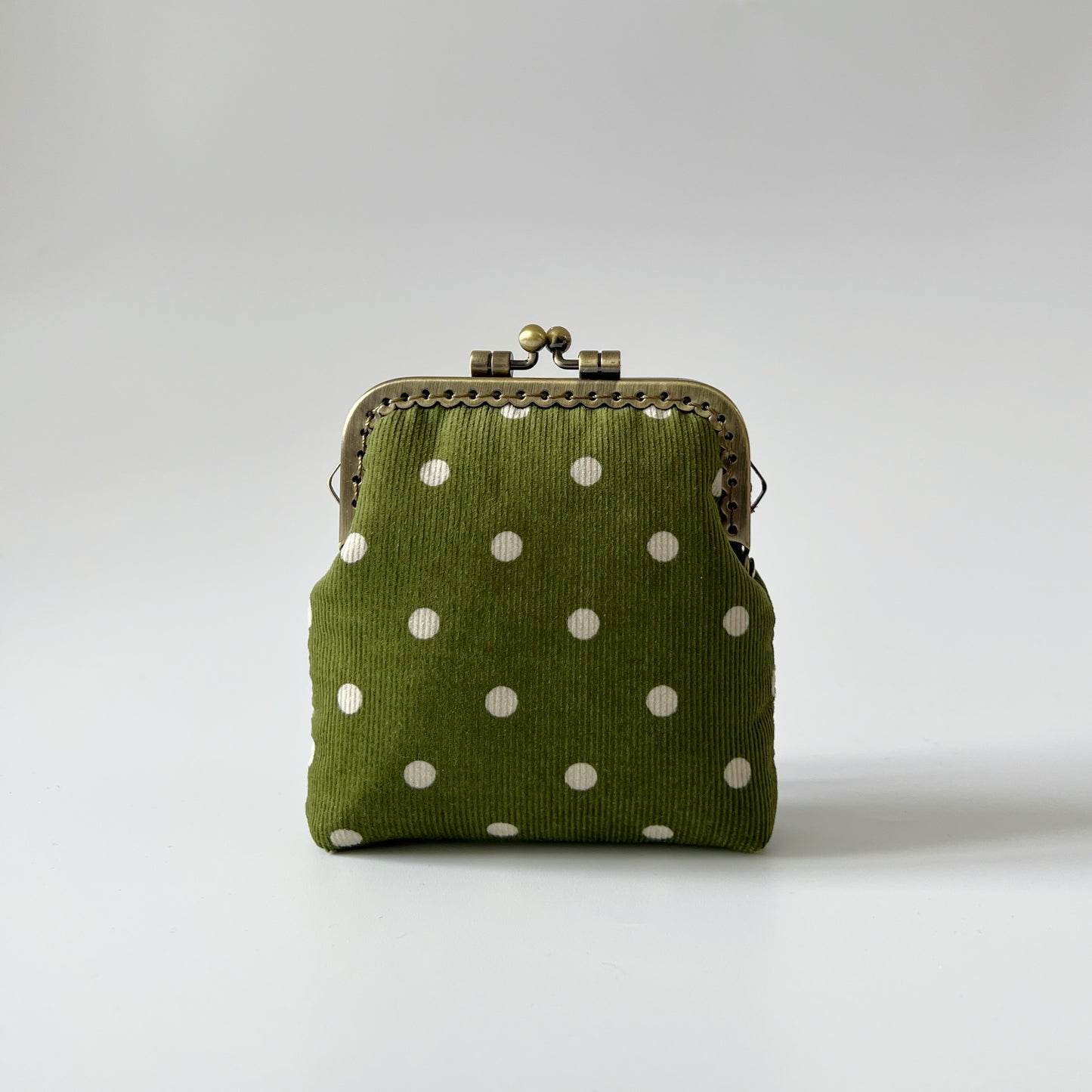 Olive Green Corduroy Polka Dots Card Purse - Handsewn Kiss Lock Fabric Purse