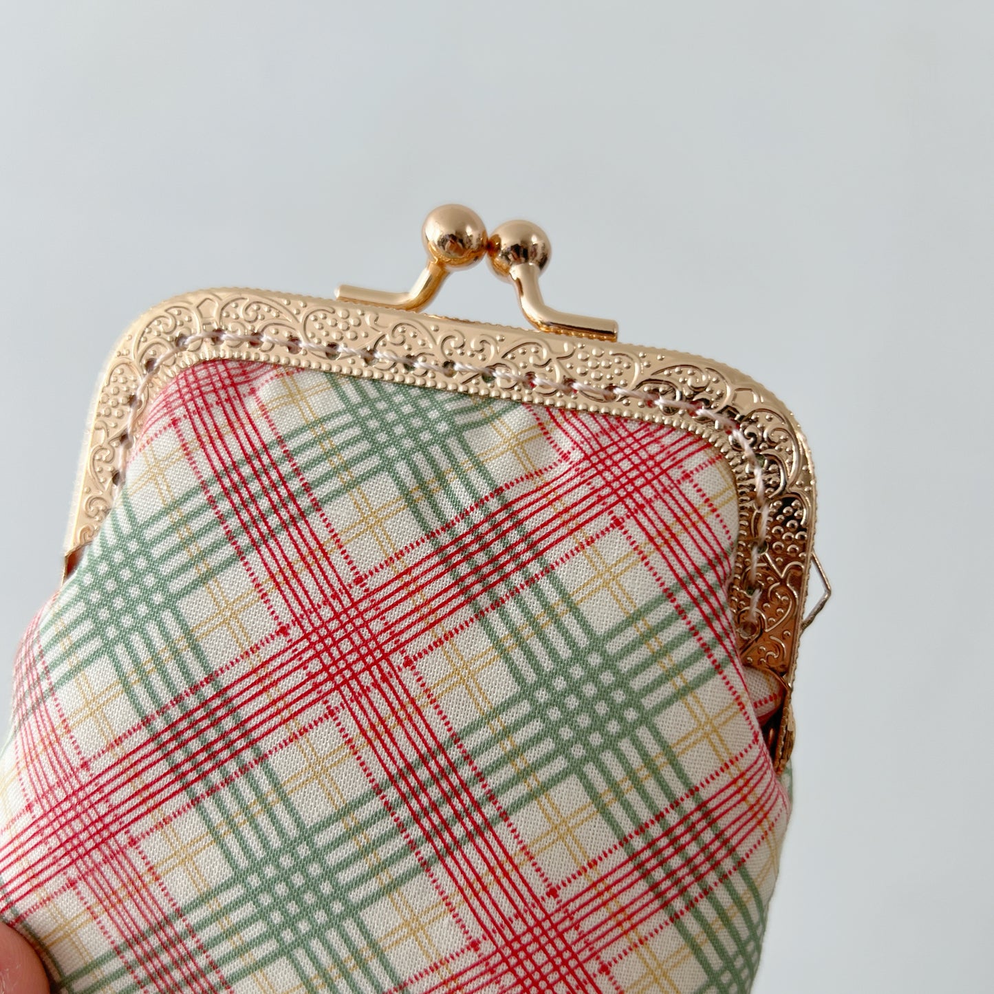 Handsewn Kiss Lock Card Purse - Red Green Cotton Tartan Pattern