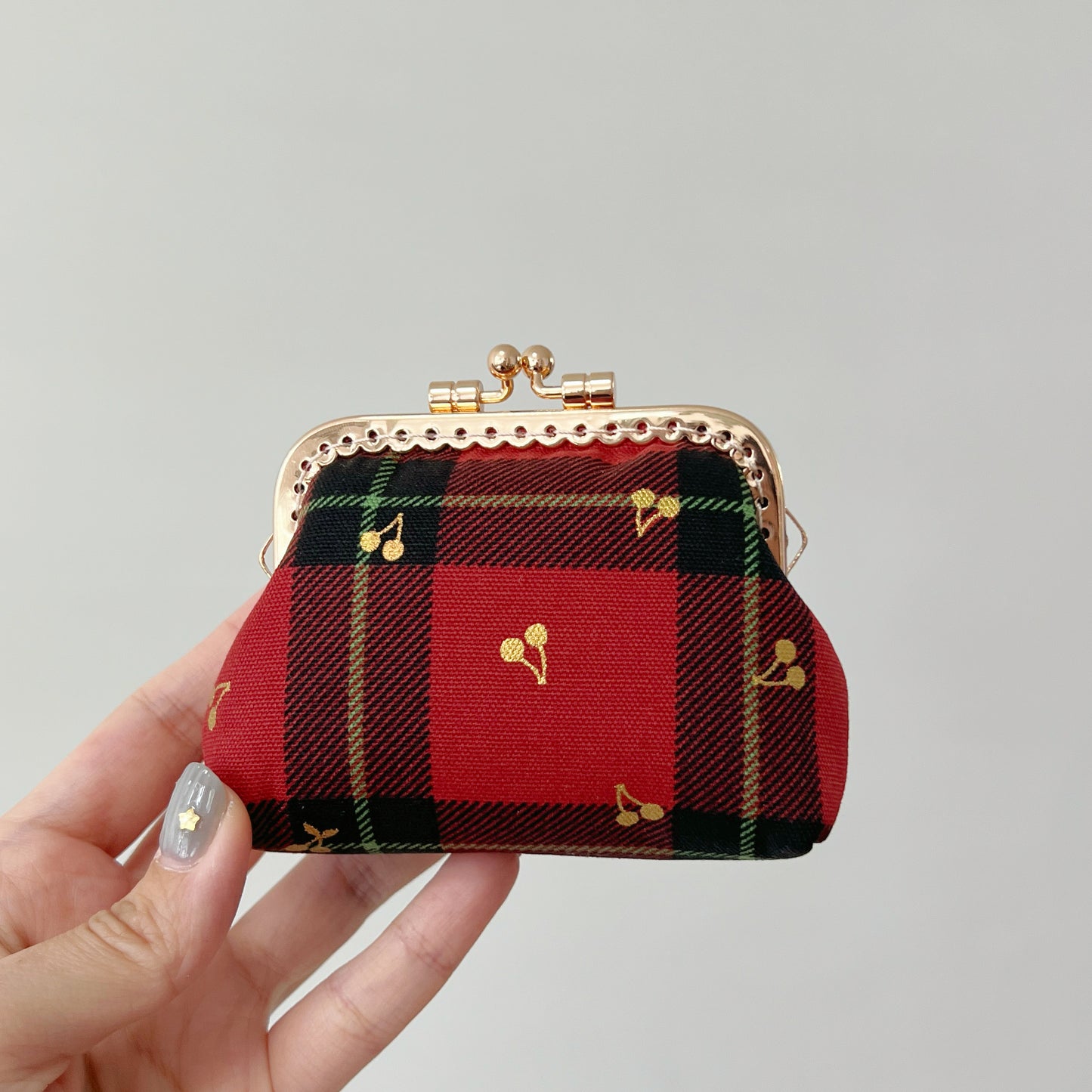 Red Tartan Gold Cherries  - Handmade Kiss Lock Purse