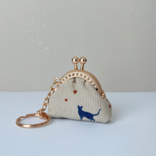 Beige Blue Cats Corduroy - Handsewn Tiny Kiss Lock Purse Keychain