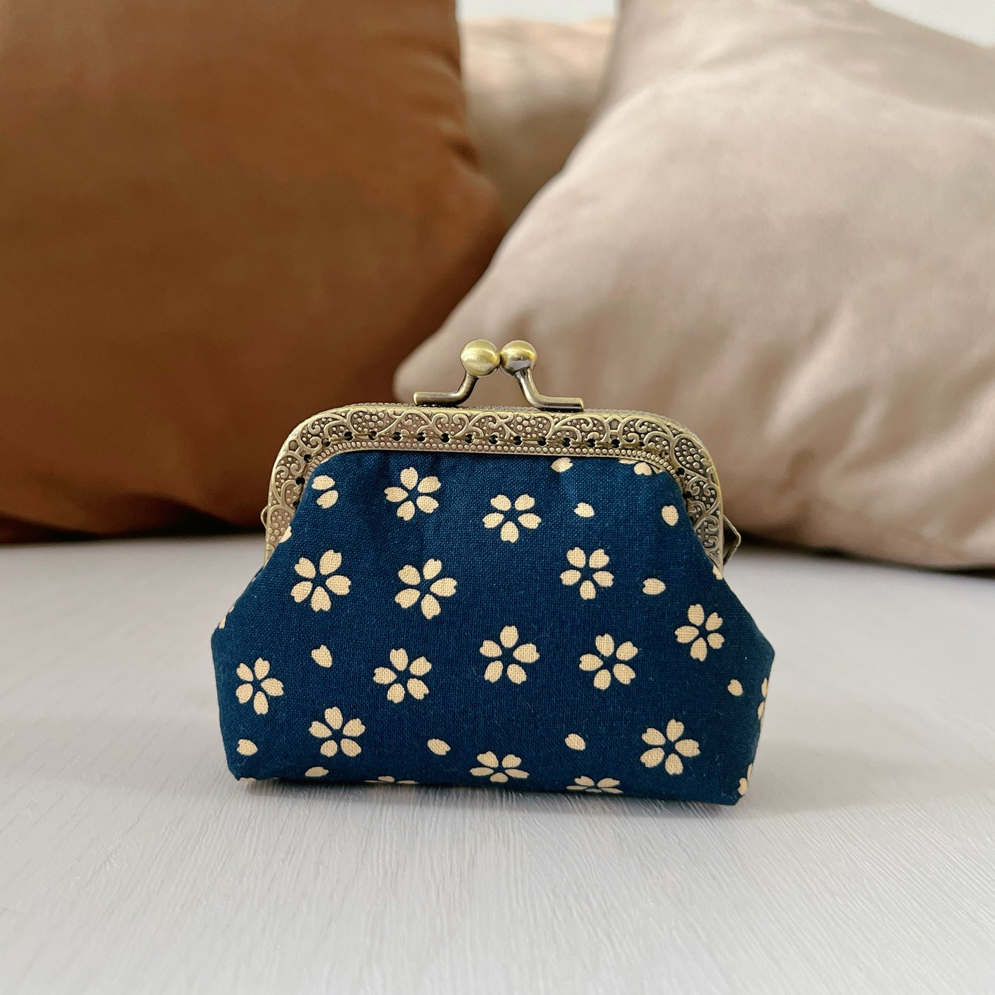 Blue Cherry Blossoms - Handmade Fabric Kiss Lock Purse
