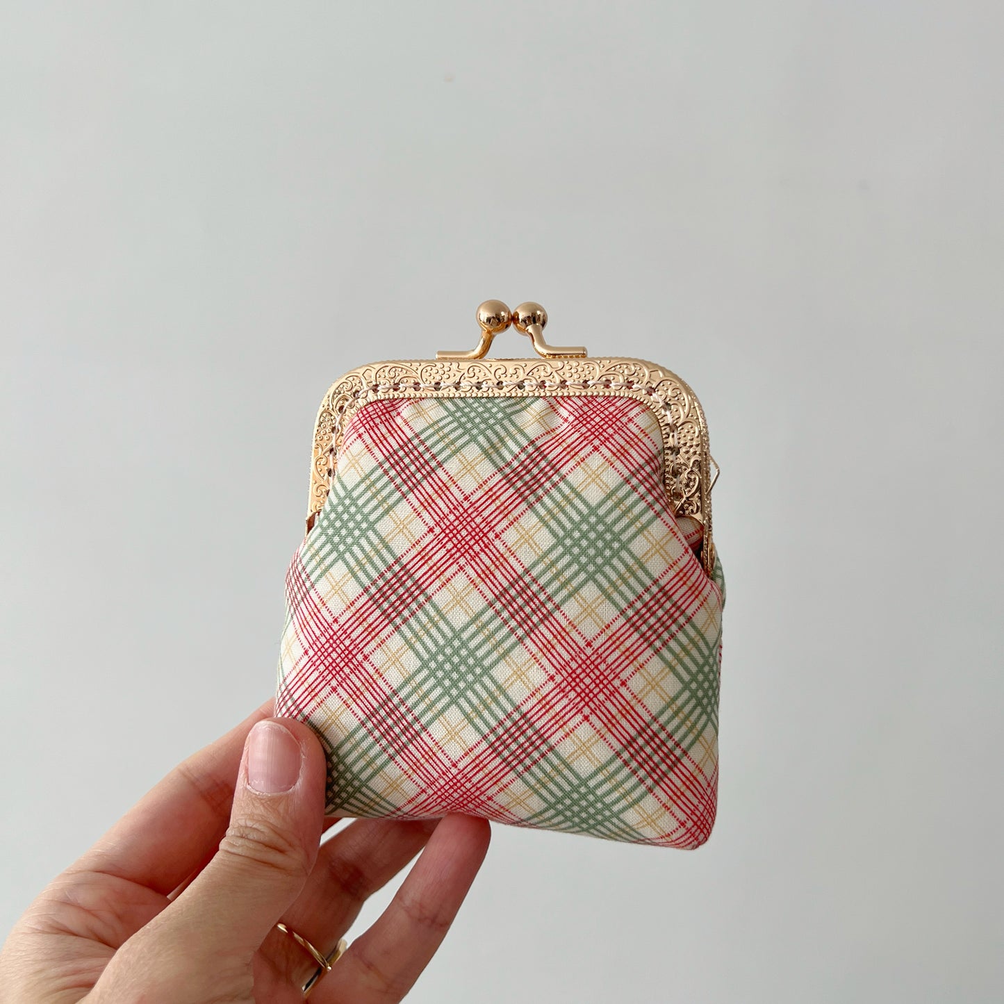 Handsewn Kiss Lock Card Purse - Red Green Cotton Tartan Pattern