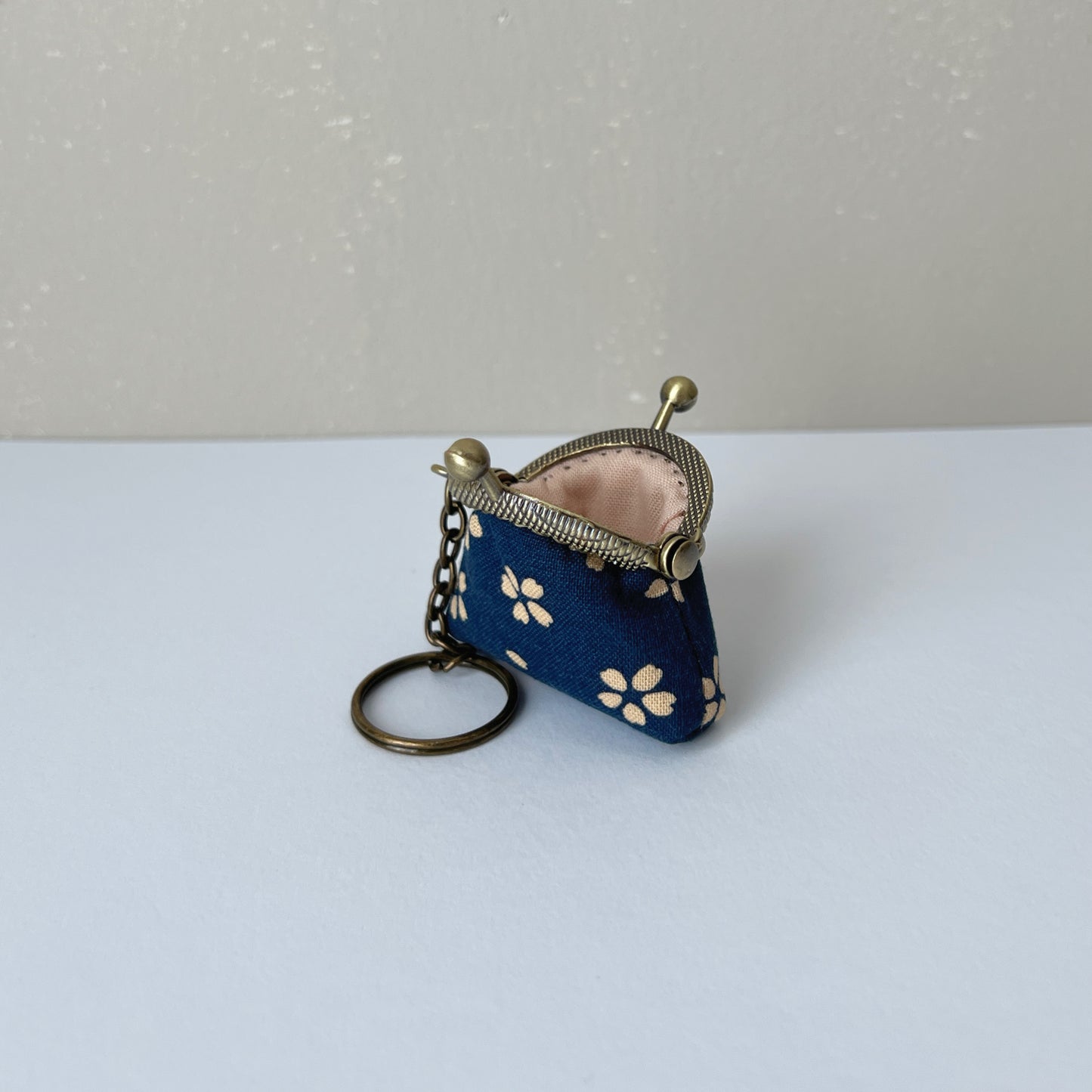 Blue Cherry Blossom - Handmade Mini Tiny Fabric Kiss Lock Purse Keychain