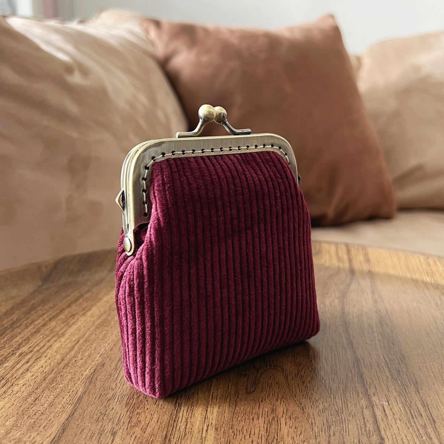 Wine Red Corduroy Card Purse - Handsewn Kiss Lock Purse